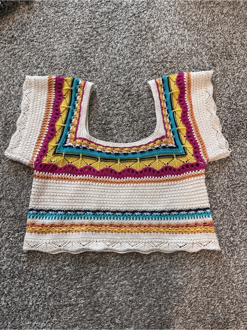 POL Multicolor Crochet Knit Crop Top L Boho Festival Square Neck